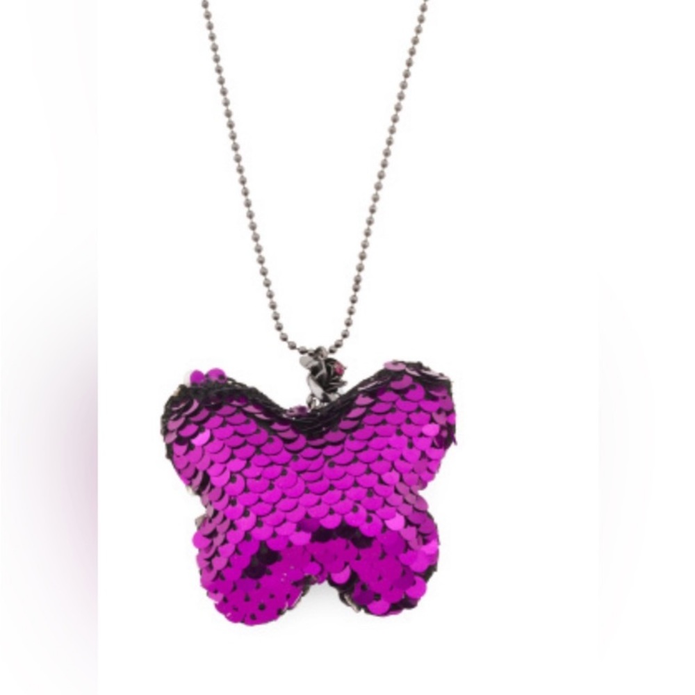 NWT LUV Betsey Johnson purple puffy sequin butterfly necklace